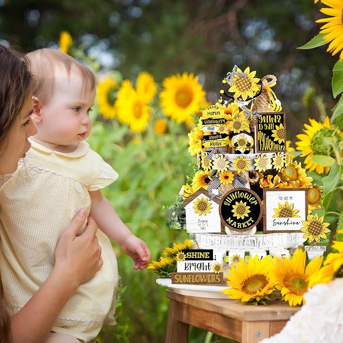Bucherry 17 Pcs Sunflower Tiered Tray Decor Set Farmhouse Wooden Summer Table Signs Rustic Decorations for Home Spring Summer Table Centerpieces for Home Kitchen Shelf Tabletop