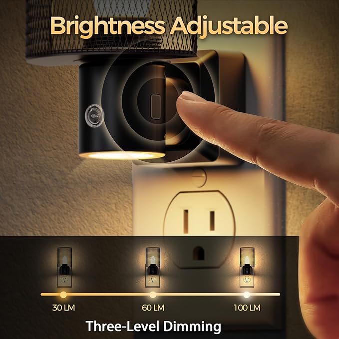DORESshop LED Night Light Plug in, [2 pack] Night Lights Plug into Wall, Dusk-to-Dawn Sensor, Vintage Farmhouse Decor, 3 Level Brightness Adjustable, Dimmable Nightlights for Adults, Bathroom, Hallway