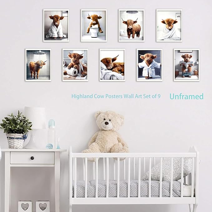 SEHSUVC Funny Bathroom Cow Posters Wall Art Set of 9, Vintage Brown Highland Cow Canvas Prints Pictures, Art Animal Restroom Wall Decor for Bathroom Bedroom Babyroom Decoration 8x10In Unframed