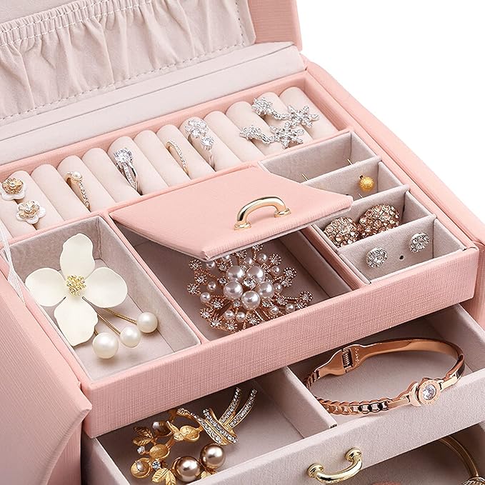 Jewelry storage box Makeup Organizers Jewelry Organizer Box PU Leather Jewelry Organizer 3 Layers Storage Display Case with Drawers for Earrings Necklaces Rings Bracelets Jewelry Case