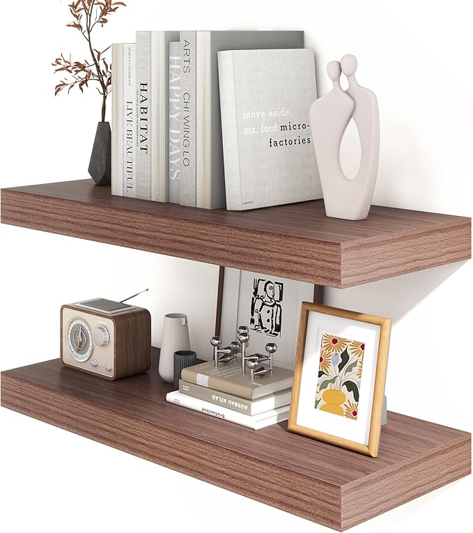 FLYJOE 30 Inch Floating Shelves | 12 Inch Deep Walnut Floating Shelves Set of 2 | 30" W x 12" D Rustic Wood Shelves for Wall | Deep Walnut Shelves for Living Room Bathroom Laundry Room Kitchen