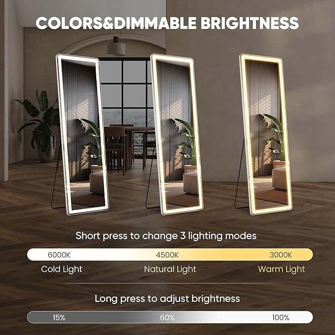 Mirror Full Length, Upgraded Body Wall Mirrors with Shatter-Proof Glass, Floor Standing, Hanging or Leaning, Tall Mirror with Stand Aluminum Alloy Frame for Bedroom