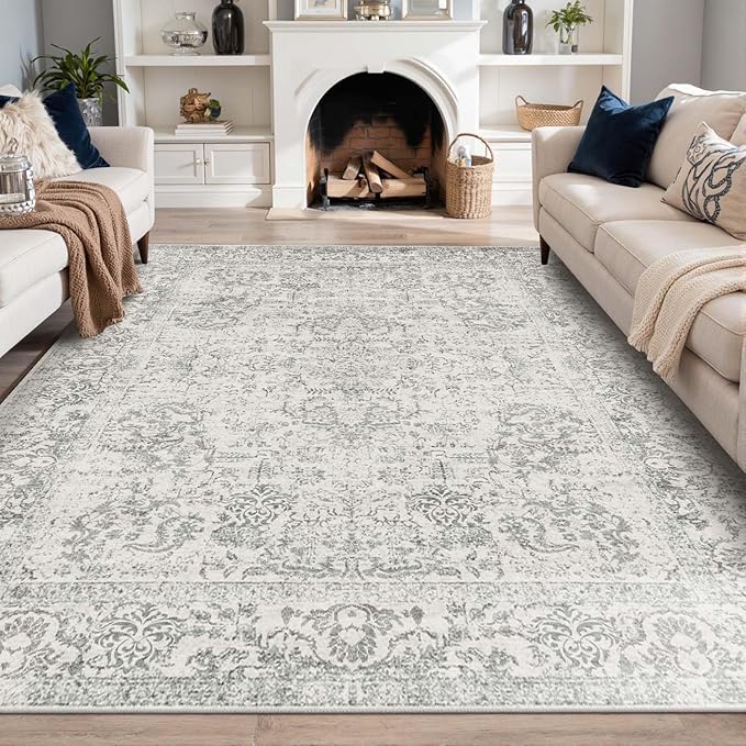 Rugxara 6x9 Washable Area Rug for Living Room, Neutral Vintage Large Boho Rugs for Office, Dining Room, Kids Room, Farmhouse, Durable Low Pile Non Slip Carpet for High Traffic Areas, Light Grey