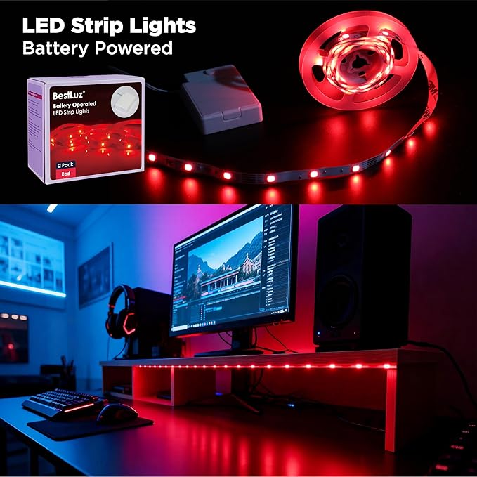 BestLuz LED Strip Lights Battery Operated 3.33ft x 2 Pack Flexible LED Light Strip Battery Powered Lighting for Bedroom Room Decor Cabinet Shelf TV Backlight Red