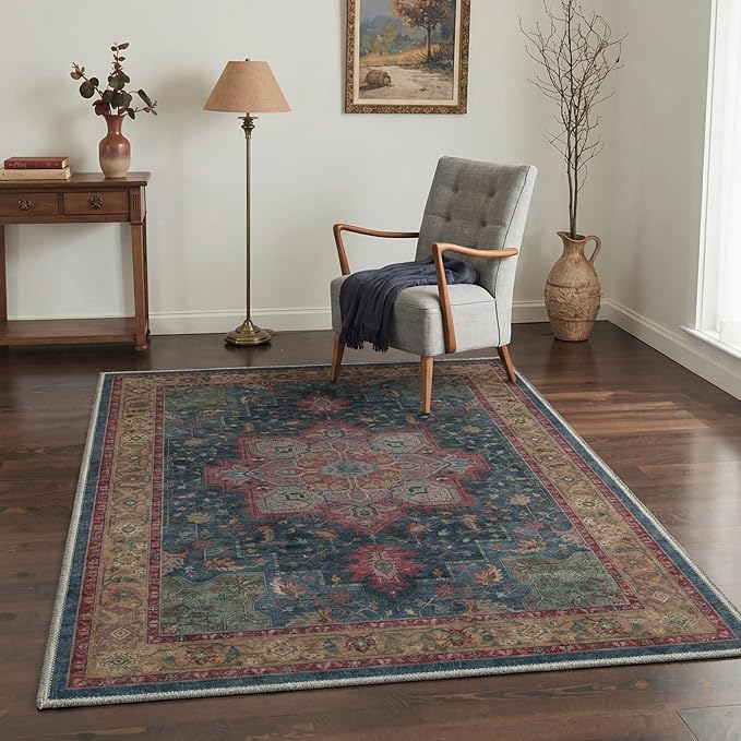 GENIMO 5x7 Area Rugs for Living Room, Machine Washable Rug, Non Slip Indoor Vintage Carpet, Low Pile Lightweight Chenille Print Carpet for Bedroom Dining Room Home Office,Teal Burgundy
