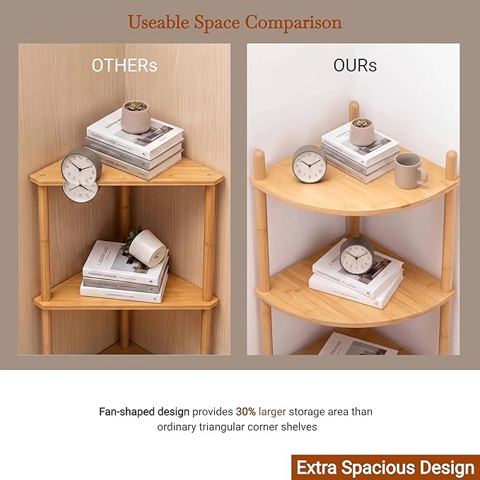 2Pcs 2-Tier Expandable Bamboo Corner Shelf Stand,Corner Bookshelf, Display Storage Shelves with Open Shelves, for Organization and Storage, Living Room, Home Office, Garage