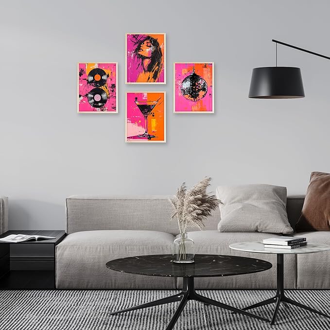 Eastern Print Disco Abstract Wall Art Set of 4, Retro Vinyl Record & Disco Ball Posters, Pink and Orange Wall Decor for Home and Kitchen, Record Wall Art, Abstract Poster, 8x10 Unframed