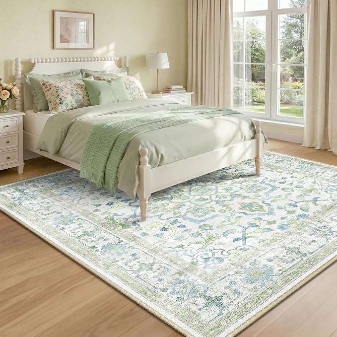 CAPALOCA Machine Washable Rugs Nursery Rug Sq8ft Cute Girl Non Slip Low Pile Water Repellent Soft Print Pattern for Bedroom Indoor Decor Kids Playroom Green Blue