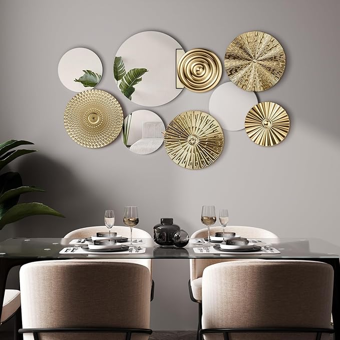 Blulu 9 Pcs Gold Mirror Wall Decor Metal Round Home Art Decor Decorative Modern Circle Mirror Wall Art Sculpture Hanging Decorations for Home Living Room Office