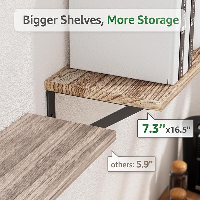 COCOYA Wall Shelves 7.3" Deep Set of 3, Solid Paulownia Wood Wider Longer Sturdy Easy to Install Wall Mounted Bookshelves Storage Shelves Bathroom Home Office Laundry Room Bedroom Organizer