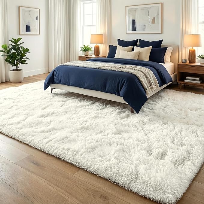 Large Area Rugs for Living Room, 7x10 Soft Fluffy Shaggy Rug, Machine Washable Non-Slip Plush Fuzzy Indoor Carpet, Aesthetic Home Decor for Bedroom,Kids Room,Nursery,Dorm, White