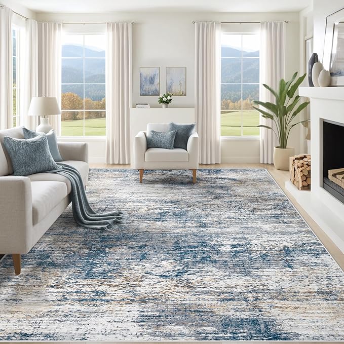 XLUEZ 9x12 Area Rug for Living Room, Washable Modern Abstract Large Area Rug Neutral Soft Non Slip Kids Rug Stain Resistant Indoor Carpet for Bedroom Dining Room Playroom Office(BlueWhite, 9'x12')