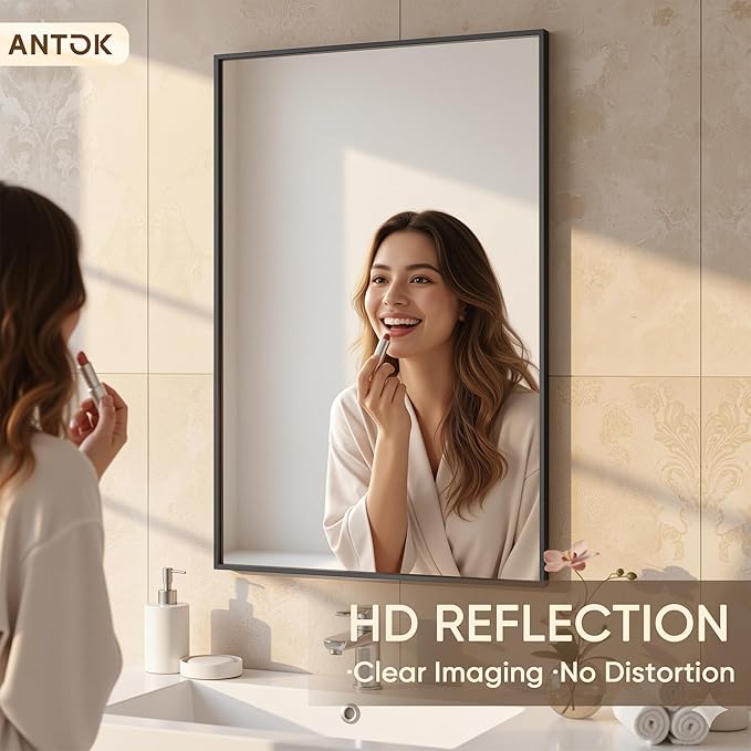 Antok 30x36 Black Metal Framed Bathroom Mirror, Wall Mirror with Rect Corners, Vanity Mirror for Over Sink, Anti-Rust Tempered Glass, Horizontal/Vertical Hanging for Bathroom, Living Room, Entryway