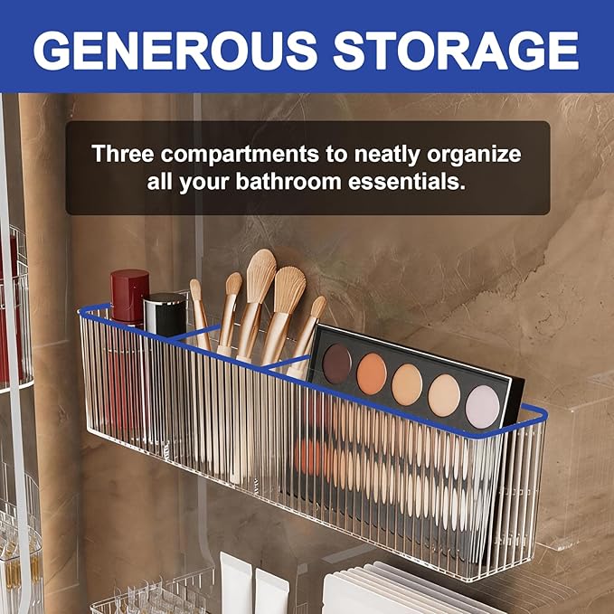 2-Pack Acrylic Wall-Mounted Make up Organizer Shelves with 3 Compartments, Adhesive Bathroom Organizer Storage,Shower Caddy Cabinet Door Organizer for Makeup and Skincare