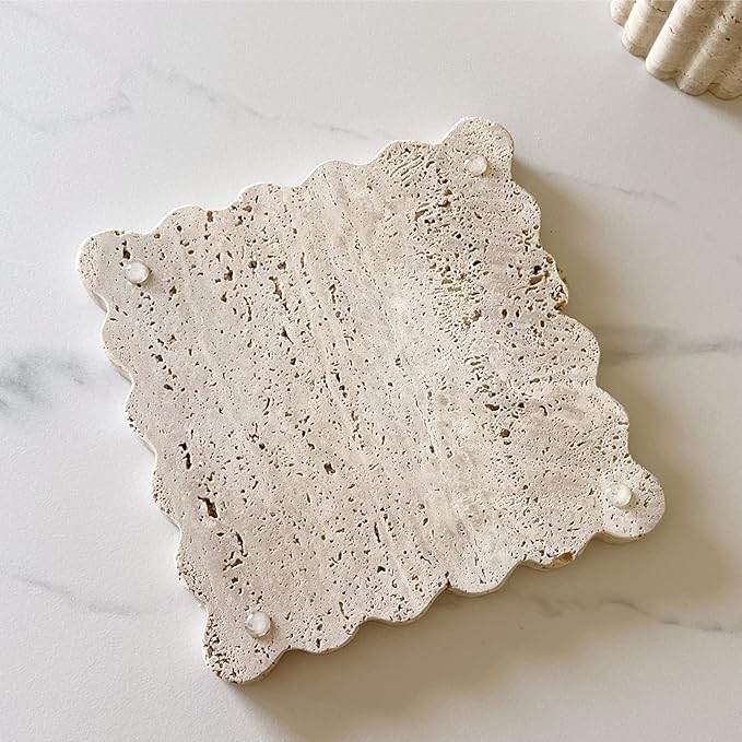 Vintage Natural Marble Tray Small Ornaments Scalloped Tray Handmade Storage Dish for Counter, Vanity, Dresser, Nightstand and Desk (Beige Travertine)