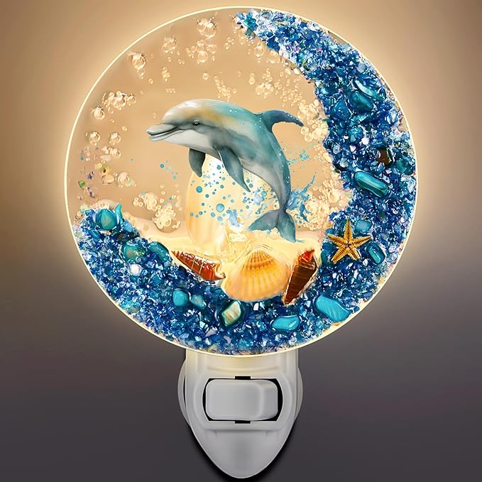 Hortsun Plug in Seashell Night Light Ocean Sea Animal Decorative Night Light Plug in Beach Lamps Vintage Ocean Lamps for Adult for Home Bedroom Living Room Bathroom Wall(Dolphin)