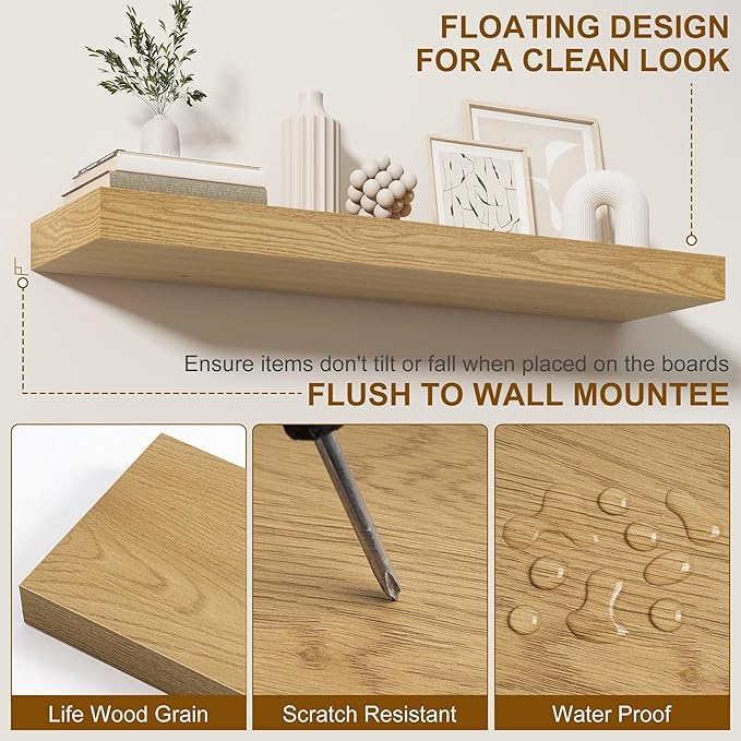 Fun Memories Floating Shelves for Wall, 48Inch Floating Shelves Set of 2, Hanging Shelf with Invisible Brackets, Wood Shelves for Living Room, Bedroom, Kitchen, Oak