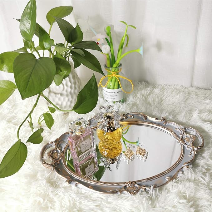 Oval Decorative Mirror Tray, French Style, Makeup Organizer, Jewelry Organizer, Serving Tray, 9.8"x 14.6", Golden Grey