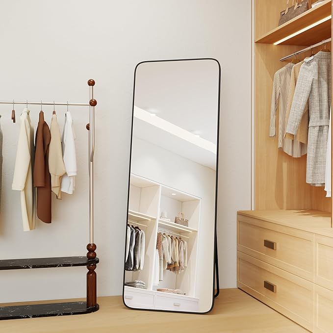 NARCISSUS 57x20 Mirror Door Hanging Full Length Body with Floor Stand or Wall Mounted Metal Aluminum Frame Tempered Glass Rectangle Mirrors for Bedroom Dressing Living Room Bathroom 57 inch Black