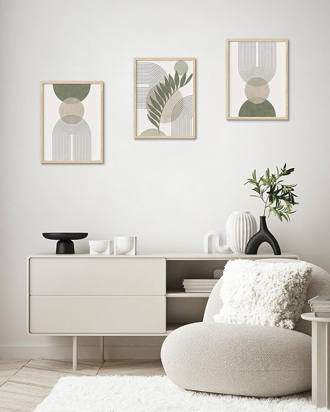 HesenDot Unframed Boho Sage Green Canvas Prints,12x16in Botanical Line Wall Art,Set of 3 Abstract Geometric Posters Decor,Minimalist Modern Green Artwork for Living Room Bedroom Bathroom Office Home