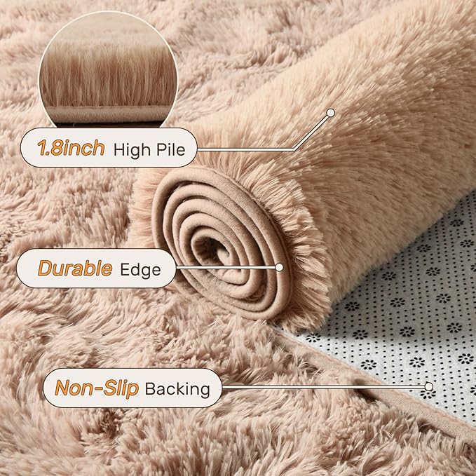 Bedroom Rugs Fluffy Neutral 4x6 Beige Area Rug, Modern Plush Non-Slip Soft Living Room Shag Carpet for Book Room Office,Coffee Stain Resistant