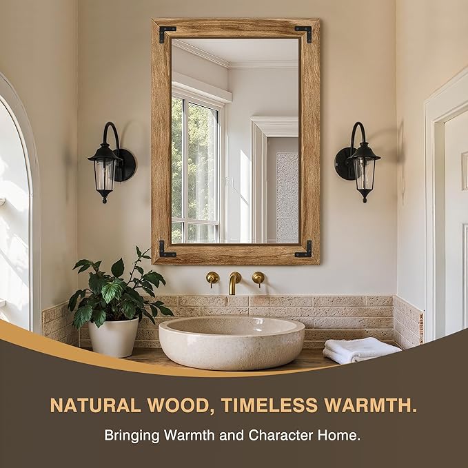 Wooden Bathroom Mirror for Wall, 38"x26" Solid Wood Frame Vanity Mirror, for Farmhouse, Bedroom, Living Room, Entryway Decor, Hangs Vertically or Horizontally