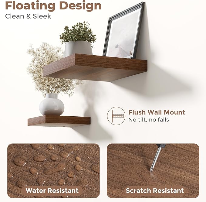 12 Inch Floating Shelves for Wall with Invisible Brackets Set of 3, 12"D Engineered Wood Wall Shelves with Wood Grain for Living Room, Bedroom, Bathroom, Kitchen Decor and Storage, Walnut Finish
