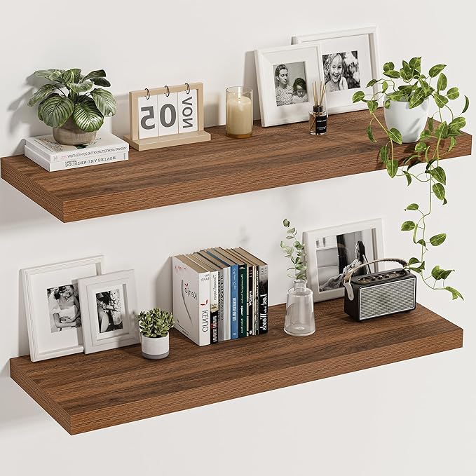 Vivelove Floating Shelves for Wall 12 Inch Deep, 36" X 12" X 1.5" Floating Shelf, 2 Inch Thick Shelf for Living Room Bedroom Kitchen Office, Rustic Farmhouse Decor Set of 2, Walnut