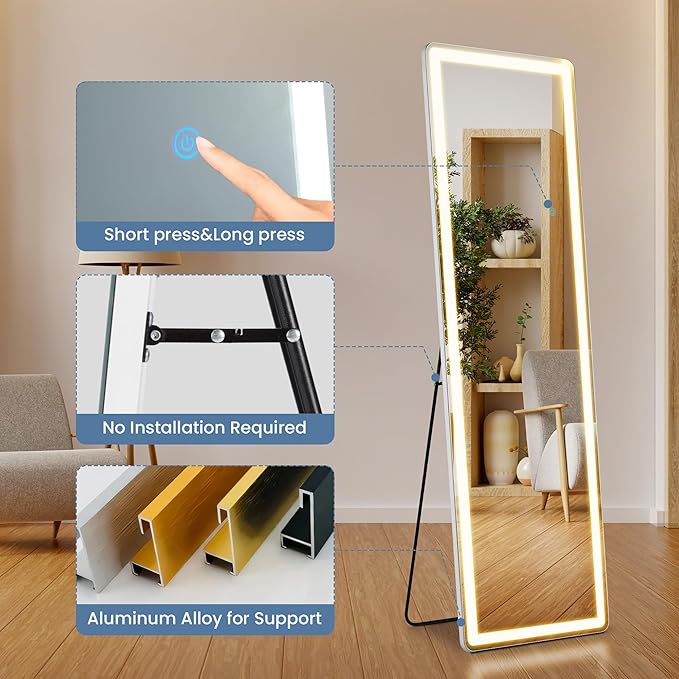 Mirror Full Length, Upgraded Body Wall Mirrors with Shatter-Proof Glass, Floor Standing, Hanging or Leaning, Tall Mirror with Stand Aluminum Alloy Frame for Bedroom