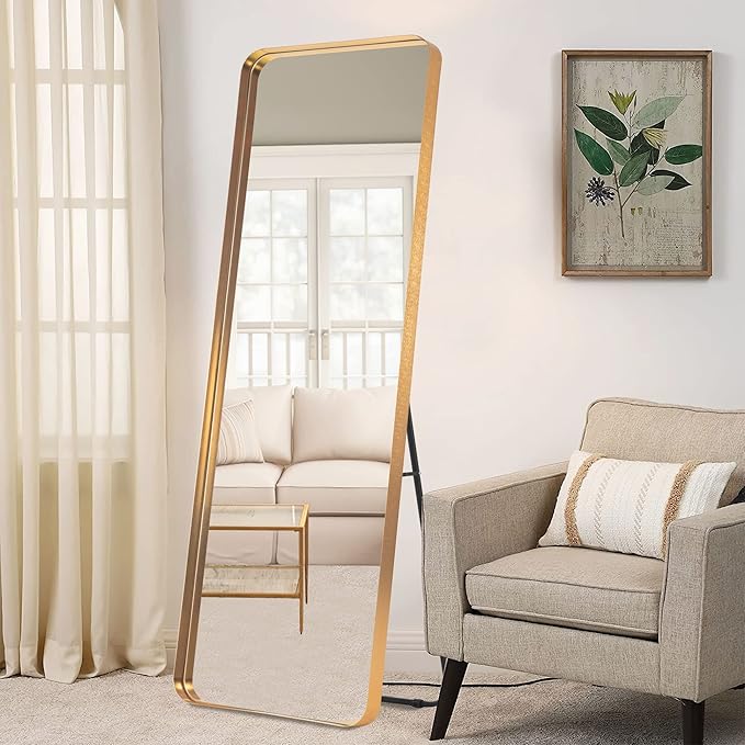 NeuType Full Length Mirror, 63"x20" Floor Mirror Full Body Dressing Mirror Round Corner, Hanging or Leaning Against Wall Large Rectangle Wall Mounted Deep Set Aluminum Alloy Frame for Bedroom, Gold