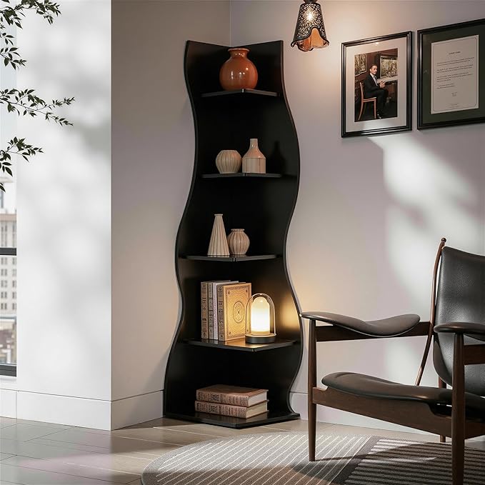 VECELO Wavy Corner Shelf, Decorative 6-Tier Corner Display Bookshelf, Tall Storage Organizer for Small Spaces, Living Room or Bedroom, Black