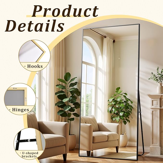 BEAUTYPEAK 86"x40" Rectangle Full Body Floor Mirrors, Full Length Mirror with Stand, Large Black Mirror for Bedroom, Dressing Room, Leaning, Standing or Hanging Horizontally/Vertically
