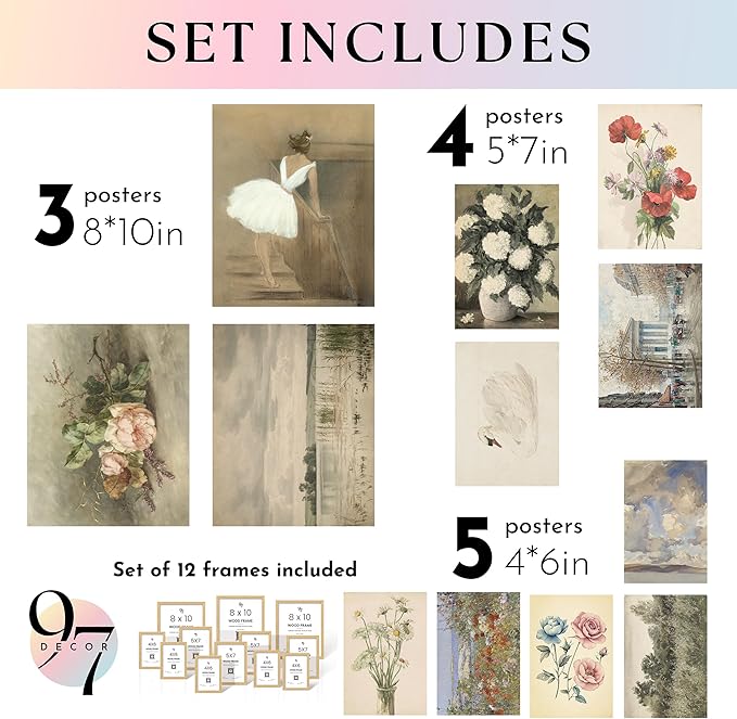 97 Decor Vintage Framed Wall Art - Framed Vintage Wall Art Prints, Vintage Posters For Room Aesthetic, Lanscape Prints For Walls Decor, Moody Gallery Walls Pictures Botanical Paintings For Home Bedroom