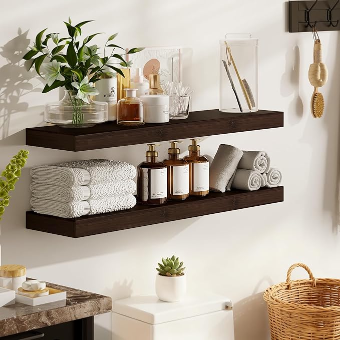 BAMEOS Solid Bamboo Floating Shelves, Set of 2 with Invisible Brackets, Natural Wood Grain Decor for Living Room, Bedroom, Kitchen, Bathroom & Office Storage