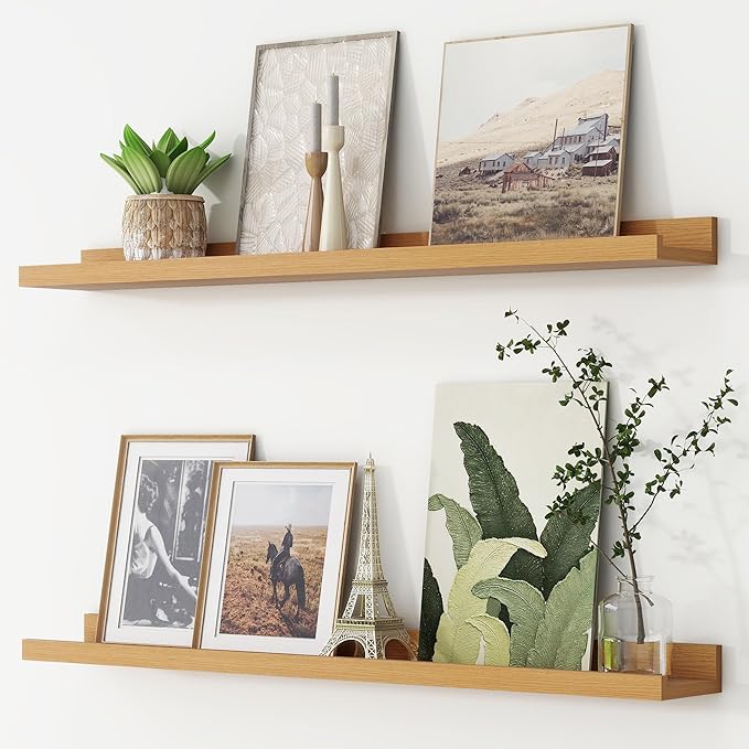 Picture Ledge Shelf, Floating Shelves Set of 2, 36 Inches Nursery Book Shelves for Toys Storage, Kids Bookshelf Wall Mounted for Living Room Bedroom Decor Books Photo Frames, Natural Oak