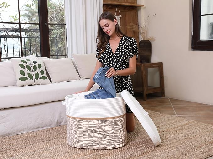 22"x14"x18" Rectangular Extra Large Storage Basket With Lid, Large Cotton Rope Storage Basket, Woven Laundry Hamper, Cloth Storage Bin, for Clothes Towels Blankets in Living Room, White/Camel Mix