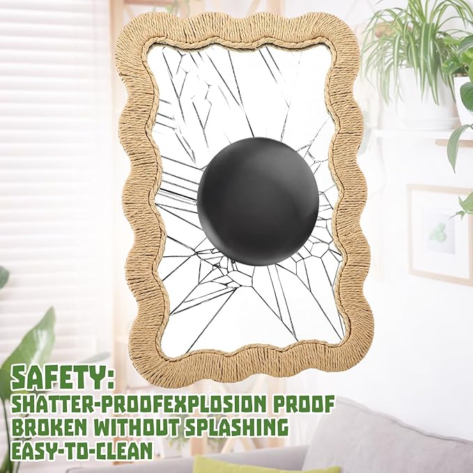 Junkin Boho Scalloped Rattan Mirror Decorative Natural Wicker Wall Mirror with Rattan Frame Boho Coastal Decor for Bathroom Living Room, Entryway Decor(Rectangle,10.4 x 15.8 in)