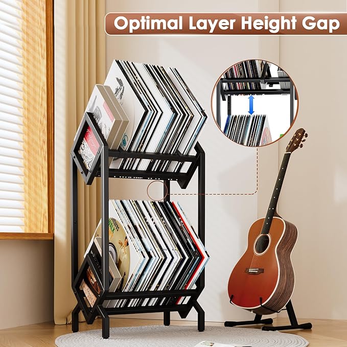 Vinyl Record Storage Rack, Record Holder 160-200 LP Storage Shelf Display Stand for Albums Books Magazines Files, Matte Black