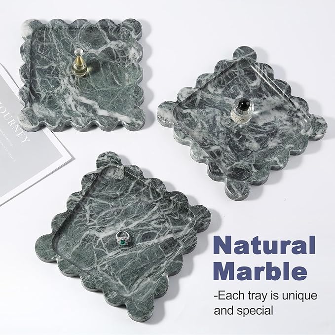 Marble Decorative Tray, Green Square Scalloped Vanity Tray for Coffee Table Decor, Vintage Jewelry Trinket Dish for Rings Earrings, Unique Natural Necklaces Holder for Mom, Nightstand Tray