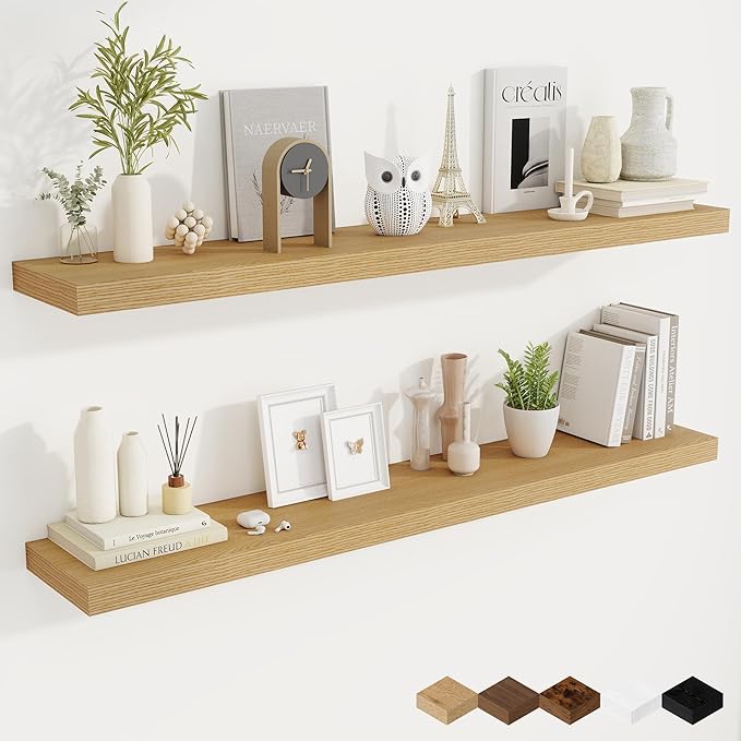 Fun Memories 55 Inch Fireplace Mantel Shelf, 9.3" Deep Floating Shelves for Wall, Long Wall Mounted Farmhouse Display Shelves with Invisible Heavy Duty Metal Bracket, Oak, 2 Pack