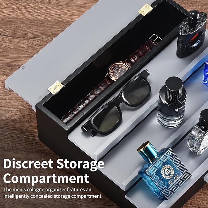 Perfume Organizer for Men, 4 Tier Wood Perfume Display Stand with Velvet Lining Drawer and Hidden Compartment for Watch,Jewelry,Perfume Display Risers,A Gift for Men (Black+Gray)