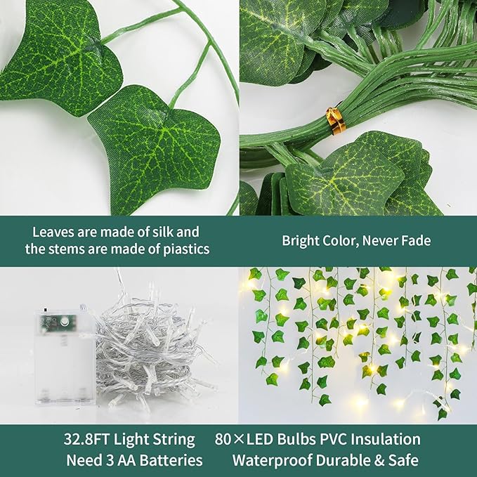 Freyalife Fake Vines for Room Decor(24Pack168Ft),with CE Certified 160 LED String Lights,Artificial Plant Ivy for Aesthetic Home Bedroom Wall Wedding Party Office Patio Indoor, Outdoor Garden Décor