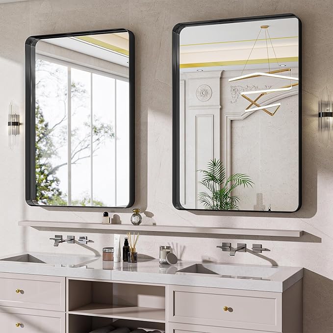 Bathroom Mirrors for Over Sink 24 x 32 Inch Rounded Rectangle Bathroom Vanity Mirror Bathroom Mirror for Wall Hangs Horizontally or Vertically for Living Room Bedroom Entryway Black