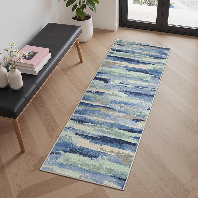 GENIMO 2X5 Washable Modern Runner Rug for Hallway, Non-Slip Low Pile Chenille Print Rug, Soft Rugs for Indoor Entryway Kitchen Corridor, Sage & Tide