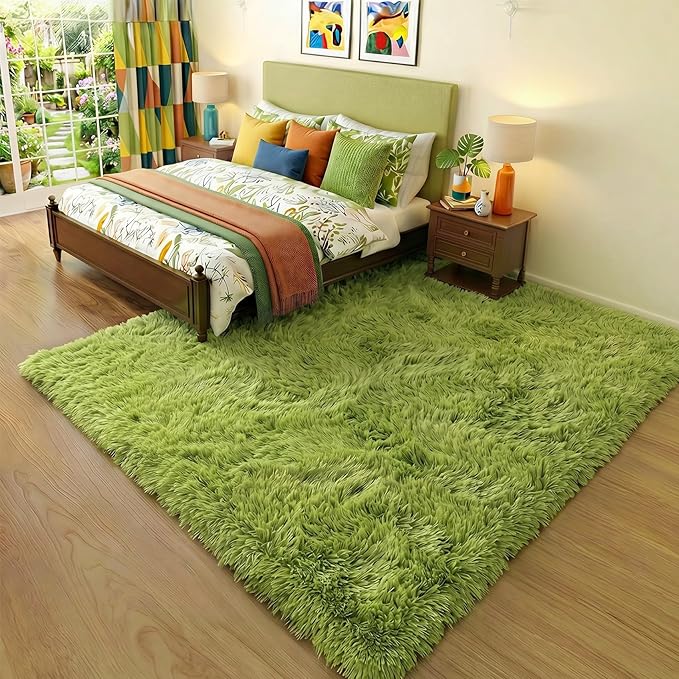 Grass Green Rugs for Bedroom, Fluffy Shag Area Rug 4x6 for Kids Room Living Room Baby Nursery Decor Aesthetic, Cute Furry Cool Shaggy Throw Bedside Fuzzy Plush Moss Carpet for Dorm Classroom Playroom