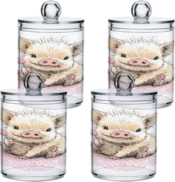2 Pack Apothecary Jars,Adorable Pig with Sweet Treat Bathroom Vanity Storage Organizer Set,Small Clear Plastic Storage Jars Bathroom Canister for Cotton Swabs,Rounds,Balls,Qtips,Makeup Sponges