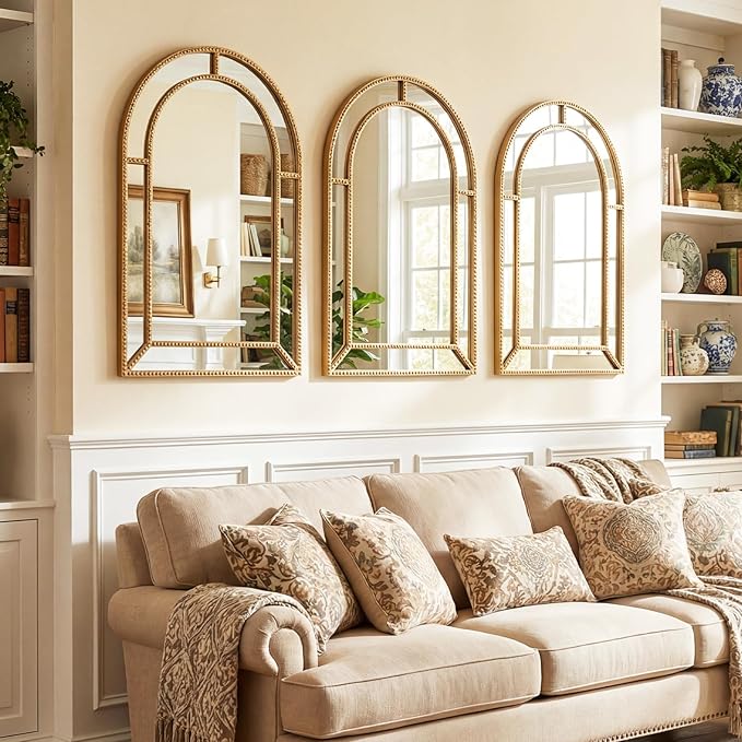 Tangkula 35" x 23" Gold Arched Wall Mirror, Decorative Mirror with Beaded Frame for Living Room, Entryway, Fireplace, Bedroom, Modern Vintage Wall Decoration (Arched)