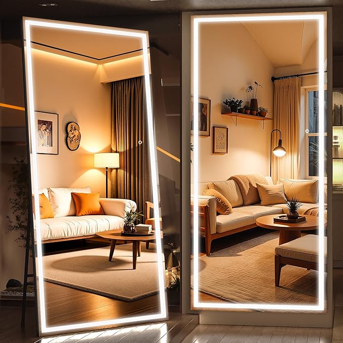 95" x 40" Full Length Mirror with Lights, Large LED Lighted Floor Standing Body Mirror, Dimmable & 3 Color Lighting for Home Gym, Cloakroom, Living Room, Tempered Glass, Black Frame