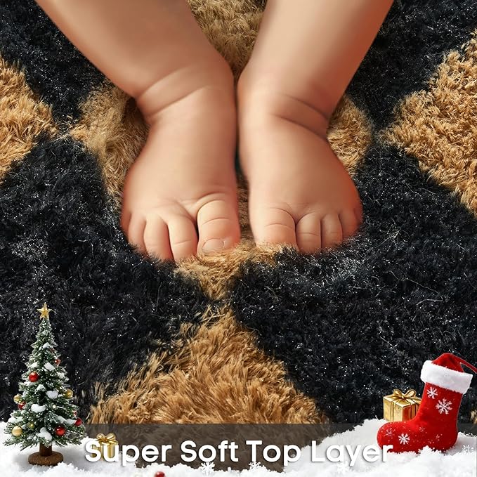 Ophanie Black & Beige Diamond Checkered Rugs for Living Room Bedroom, Large Rhombus Fluffy Soft Fuzzy Area Rugs, Plush Shaggy Bedside Floor 8x10 Carpet for Kids Baby Teen Dorm Home Decor Aesthetic