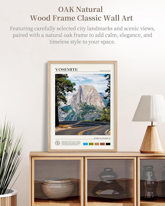 HesenDot Natural OAK Wood Yosemite National Park Framed Wall Art,12x16in Natural Scenery Canvas Wall Print,Classic Urban Landmark Wall Decor for Living Room,Bedroom,Office Gallery Gifts Set of 1